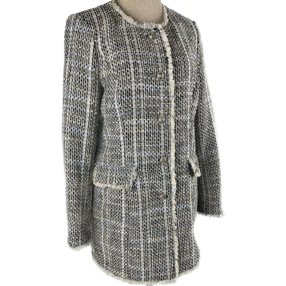 KARL LAGERFELD Size 10 Tweed Pattern LONG Peacoat Jacket Blazer - Picture 2 of 16